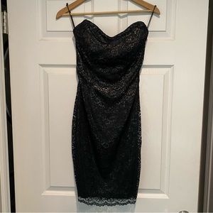 LA GLO Midi Vintage Dress - Black Lace, Metallic Lining, Strapless Bustier